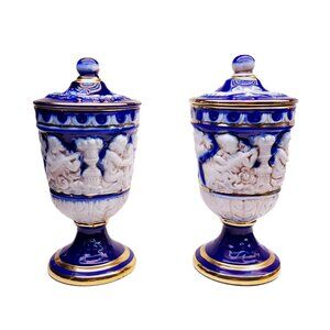 Vintage Italian Ceramic Lidded Urns Cherub Reliefs & Blue/Gold Accents